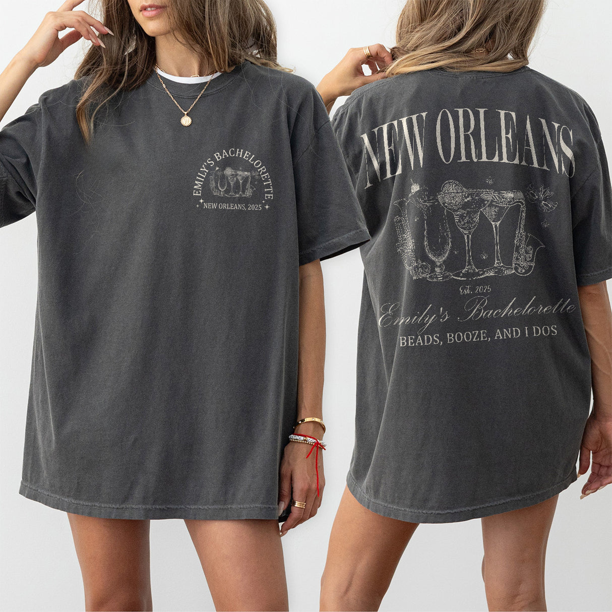 Cotton bachelorette party shirts for New Orleans, Mardi Gras themed bride tribe in the signature Nola pepper color