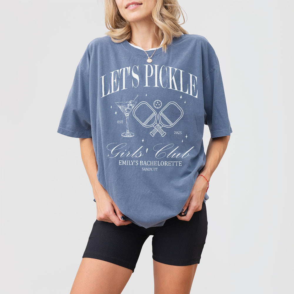 Soft blue denim cotton shirt for a pickleball-themed bachelorette party or girls weekend, featuring a fun "Last Swing" pickleball club design