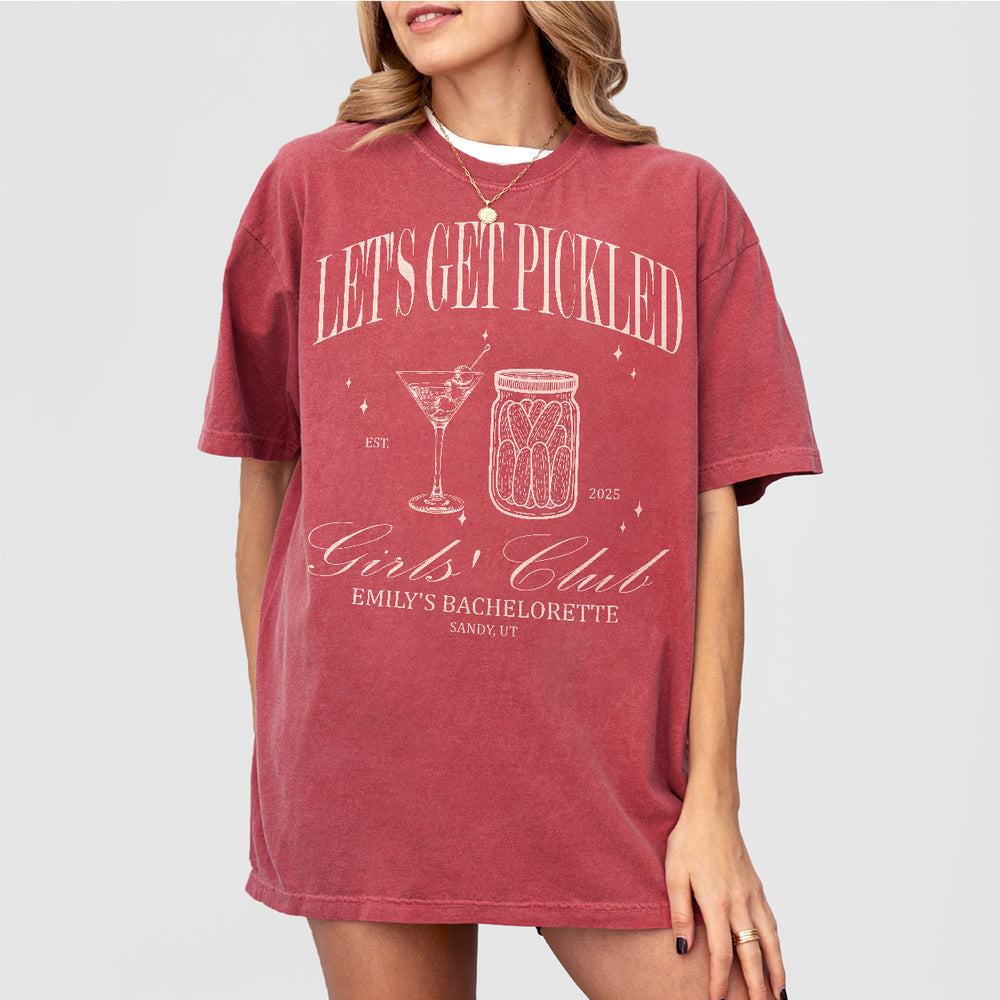 Crimson cotton bachelorette party shirt featuring a cute canned pickles jar design, perfect for the bride and her girls club getting pickled