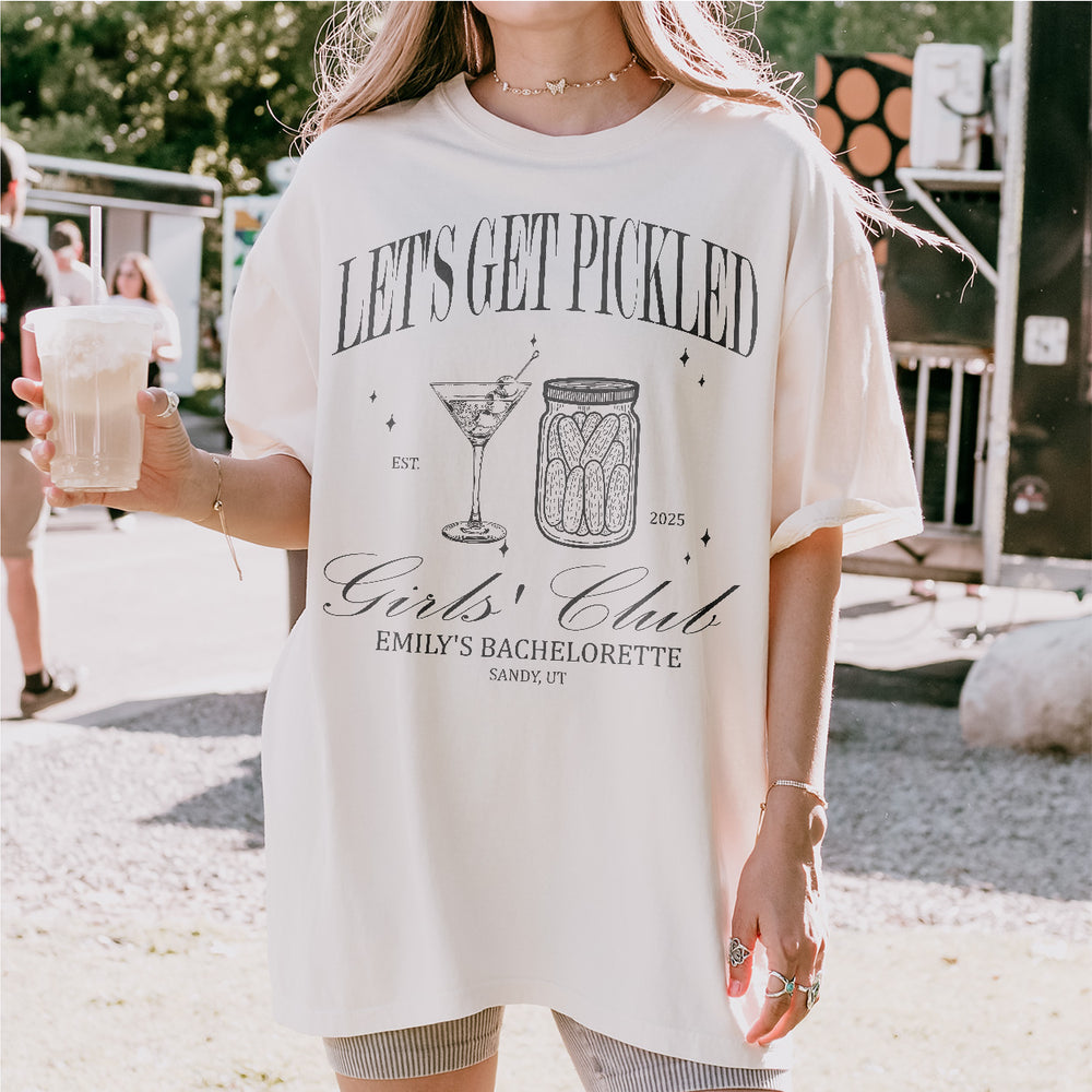 Vibrant bachelorette party shirts featuring pickles and Let's Get Pickled text for a fun bride and bridesmaids celebration