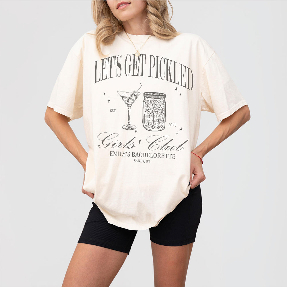 Ivory cotton shirt for the bride and her pickles bachelorette party crew featuring a funny pickle jar graphic, perfect for pickle lovers