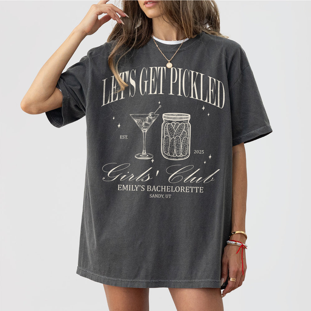 Pepper cotton bachelorette party shirt with a funny pickles design, perfect for the bride's pickles-loving girls club during the wedding festivities