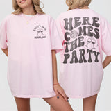 Blossom pink custom retro bachelorette shirt with disco style for the bride or bridesmaids to wear during bachelorette parties