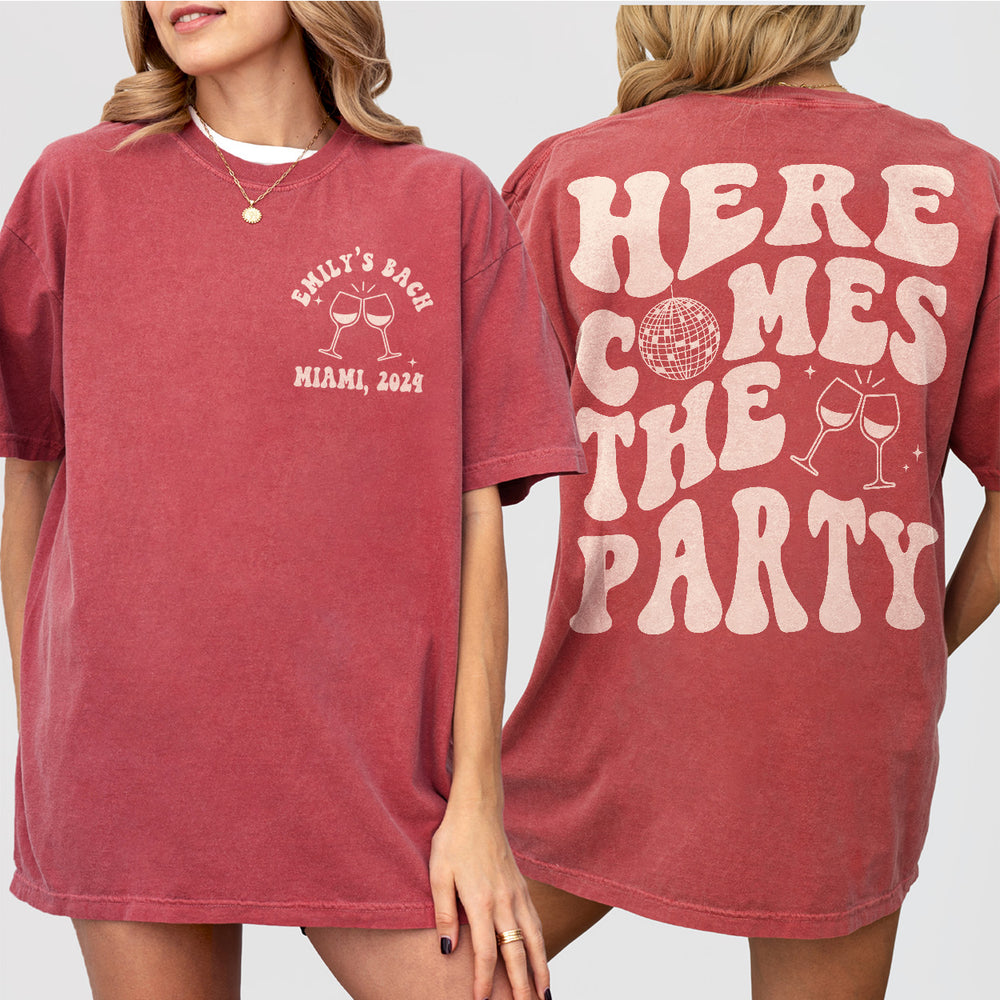 Crimson cotton bachelorette shirt with retro disco style print, perfect for the bride-to-be and bridal party at a fun, luxury bachelorette celebration