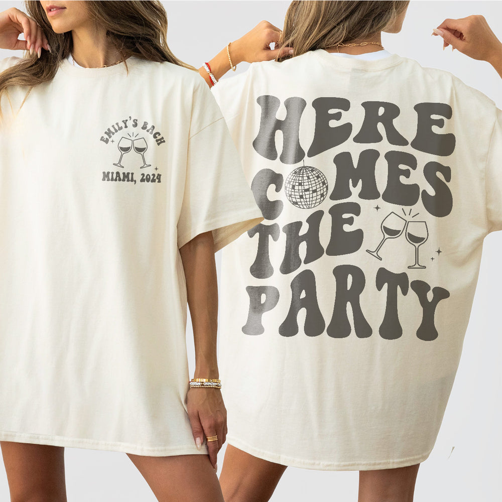Ivory bridal party shirt with retro disco design for the bride and bridesmaids to wear during luxury bachelorette celebrations