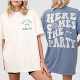 Coordinating retro disco-inspired bachelorette shirts for the bridal party to wear during pre-wedding celebrations and on the big day