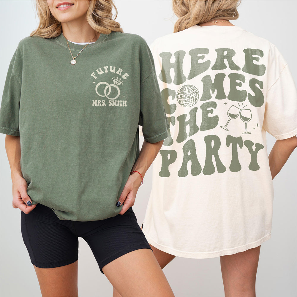 Retro disco-inspired bachelorette party shirts for the bride and bridesmaids coordinating matching outfits as gifts