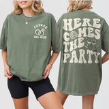 Moss green cotton bachelorette party shirt with retro disco style and Here Comes The Bride print for the bride or bridesmaids