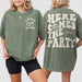 Moss green cotton bachelorette party shirt with retro disco style and Here Comes The Bride print for the bride or bridesmaids