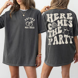Customizable pepper colored cotton shirt with retro disco style print, perfect for bachelorette parties and bridal shower gifts