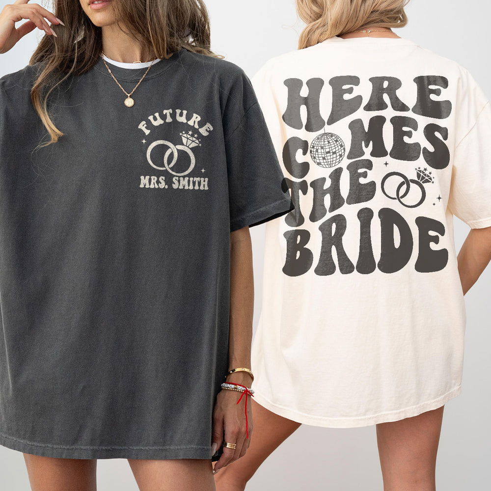 Retro disco-inspired bride and bridesmaid shirts in pepper and ivory colors for coordinated bachelorette party outfits and bridesmaid gifts