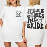 White cotton bachelorette shirt with retro disco design, perfect for the bride-to-be and her bridal party on the wedding day or bachelorette festivities