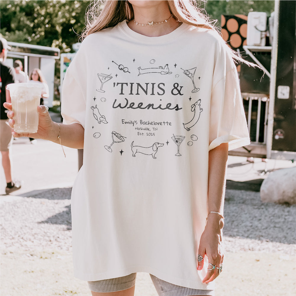 Custom Weenies and Tinis Bachelorette Party Shirt Comfort Colors Personalized Weenies & Martinis Dachshund Dog Bachelorette Matching Tshirt - lifestyle Image