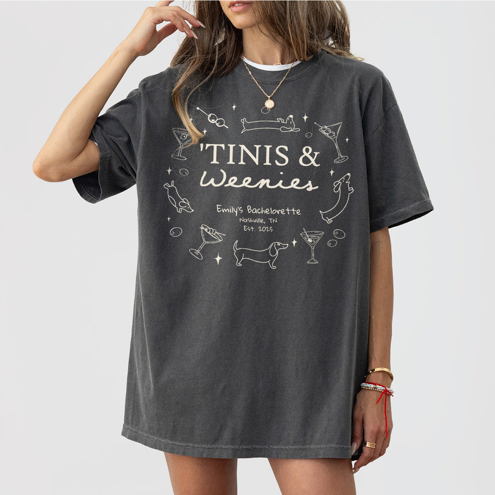 Custom Weenies and Tinis Bachelorette Party Shirt Comfort Colors Personalized Weenies & Martinis Dachshund Dog Bachelorette Matching Tshirt - Pepper Product Image