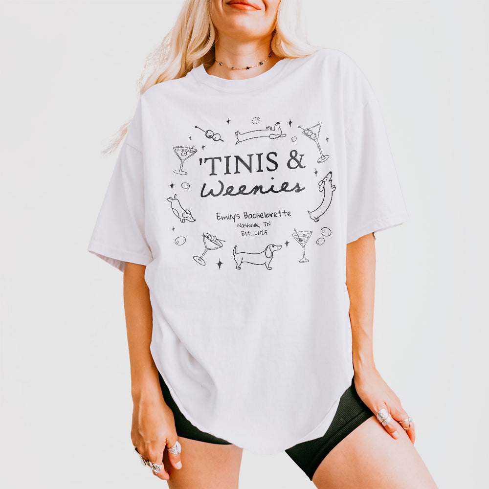 Custom Weenies and Tinis Bachelorette Party Shirt Comfort Colors Personalized Weenies & Martinis Dachshund Dog Bachelorette Matching Tshirt - White Product Image