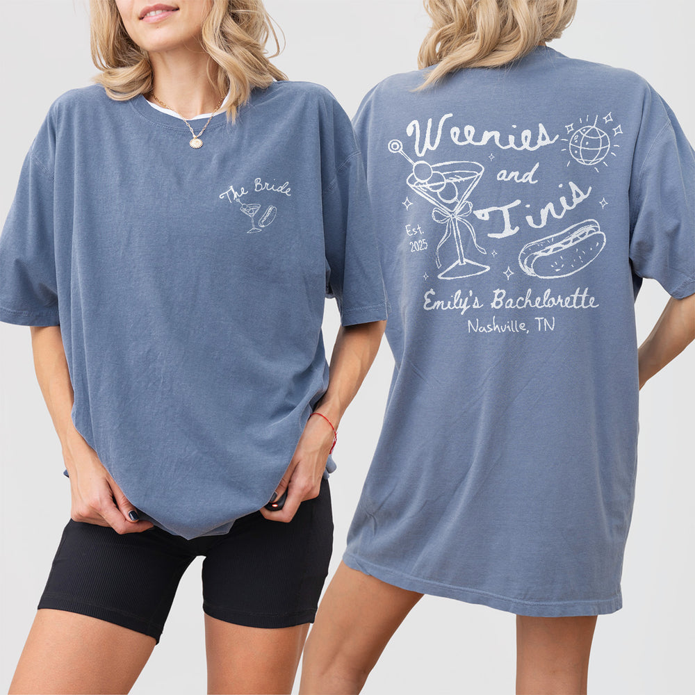 Custom Weenies and Tinis Bachelorette Party Sweatshirt Personalized Weenies and Martinis Bach Mathing Tshirt Hot dog Martini Bach Crewneck - Blue Jean Product Image