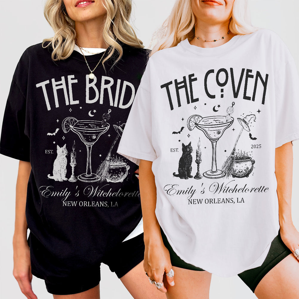 Matching witchy bachelorette shirts for the coven, perfect for a spooky gothic bridal party gift or Halloween bachelorette celebration
