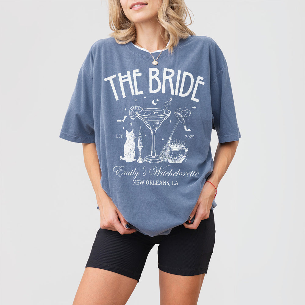 Witchy blue jean cotton shirt for bachelorette parties, gothic weddings, or Halloween bridal events with a spooky coven bride theme