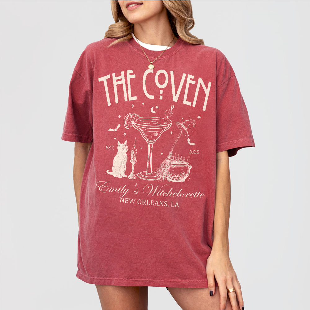 Crimson cotton shirt for witchy bachelorette parties, gothic weddings, or spooky bridal party gifts celebrating the coven bride-to-be