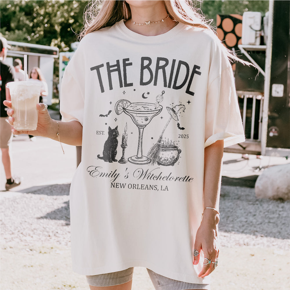 Witchy bride cotton shirt for a gothic, Halloween-themed bachelorette party with the coven bridesmaids wearing matching spooky designs