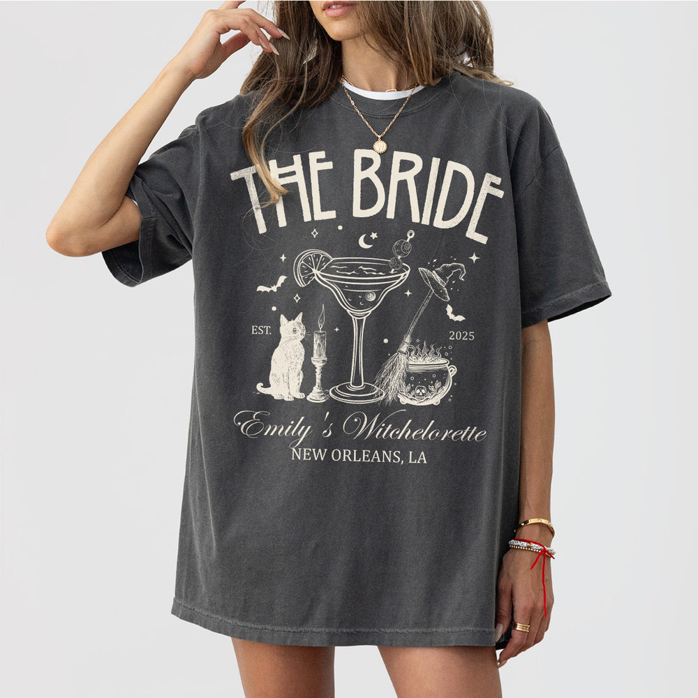 Pepper bridal shirt with witchy gothic design, perfect for a spooky Halloween bachelorette party or gothic wedding theme for the coven bride