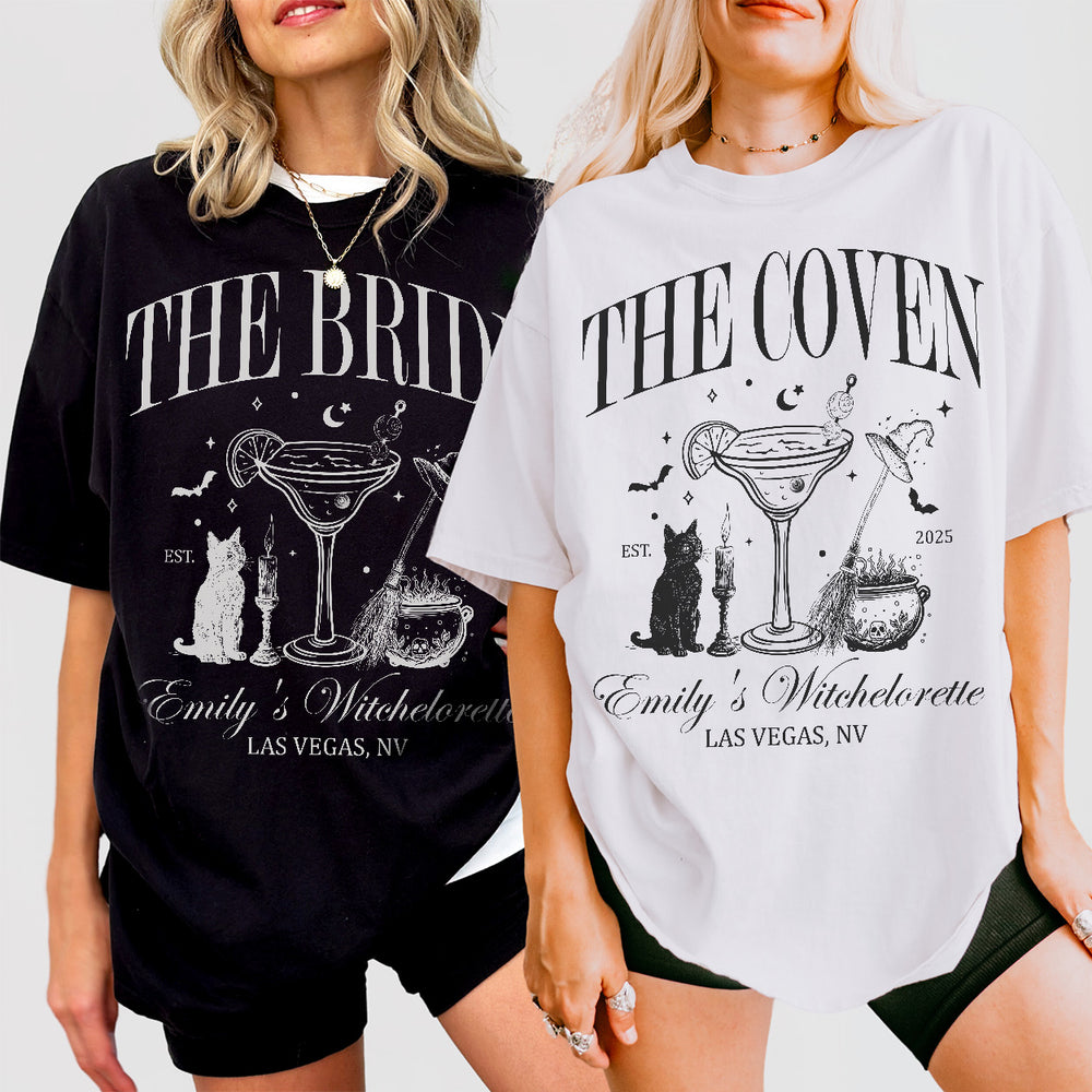 Matching witchy bachelorette shirts for a gothic or Halloween bridal party, showing spooky bridal coven group coordination gifts