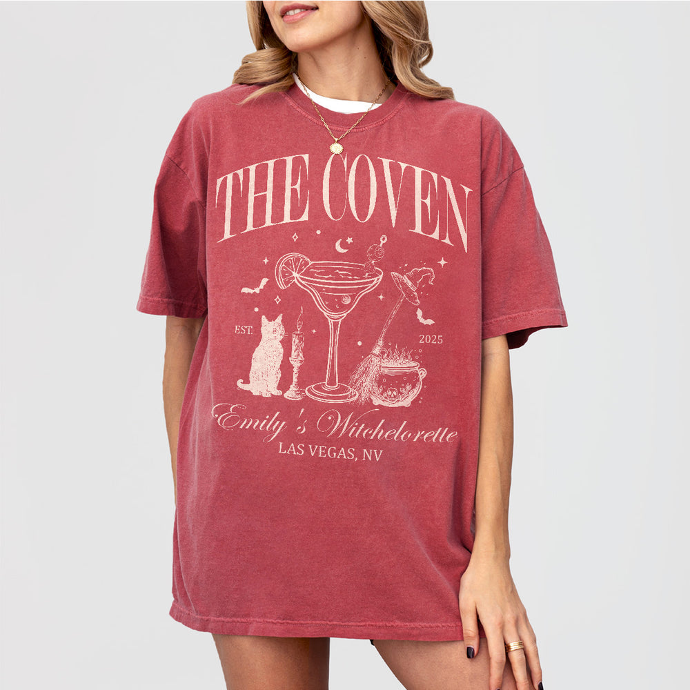 Crimson cotton shirt with witchy gothic bridal design, perfect for a spooky Halloween bachelorette party or witchy wedding with the coven