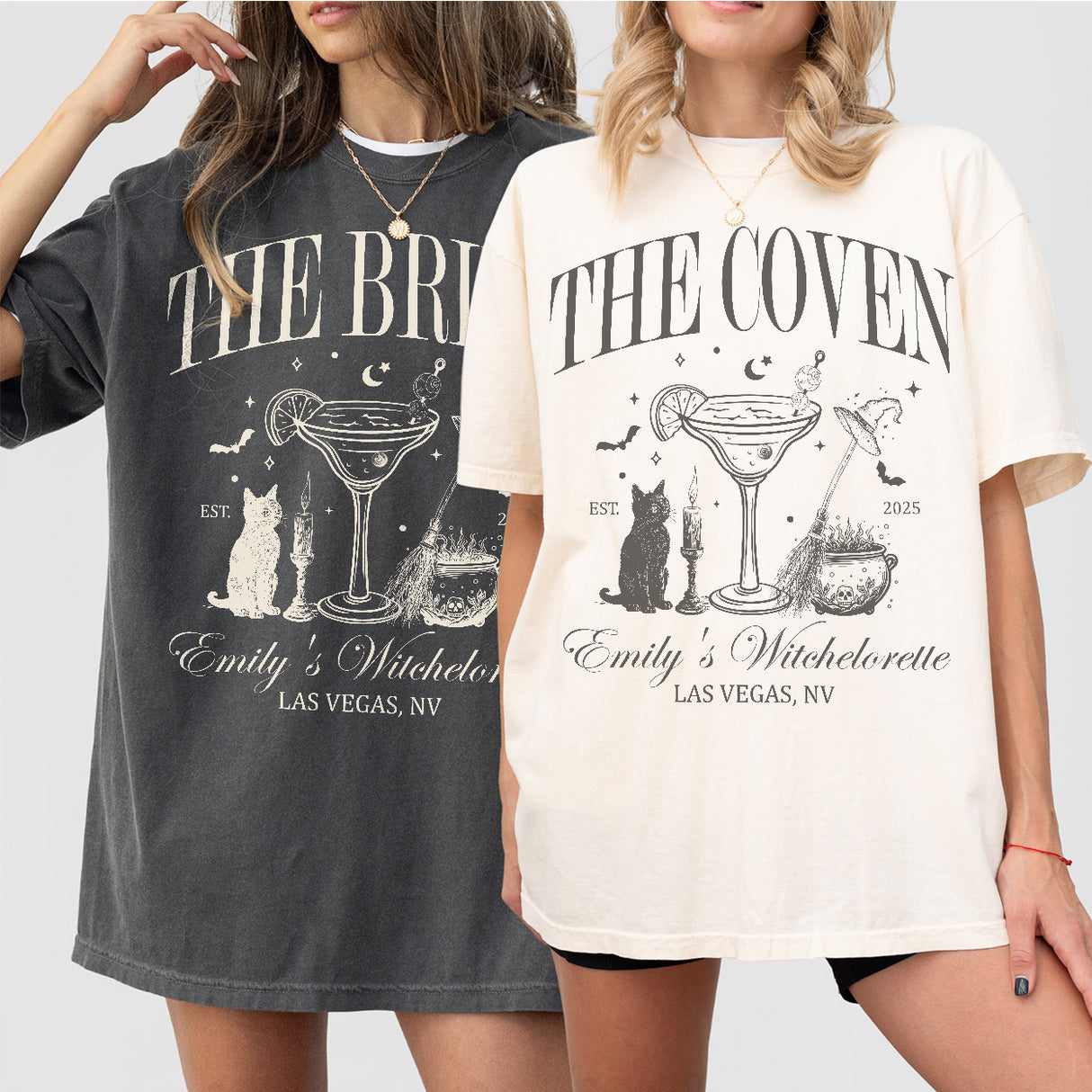 Custom witchy bachelorette shirts for a spooky gothic wedding or Halloween bachelorette party with matching bride and bridal party coven designs