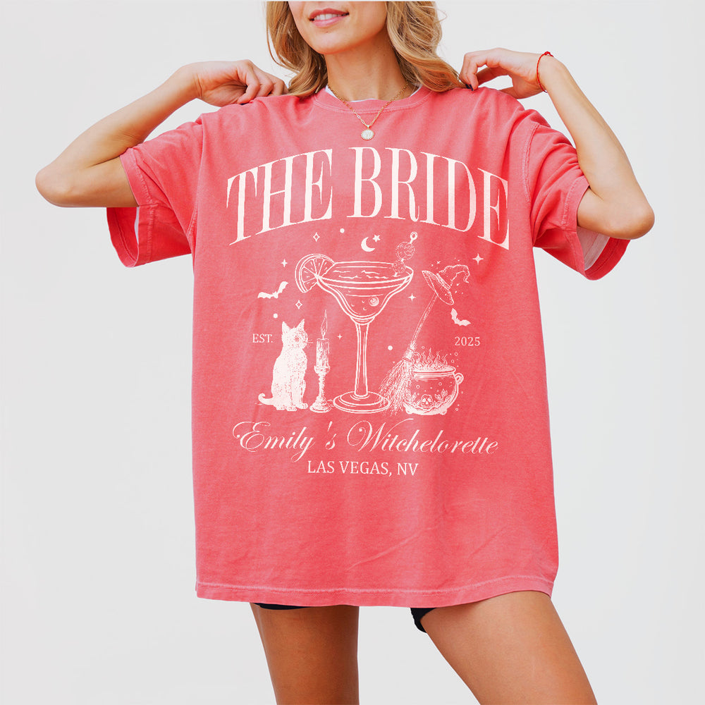 Watermelon red cotton shirt perfect for a witchy, gothic, or Halloween-themed bachelorette party, bridal shower, or wedding festivities