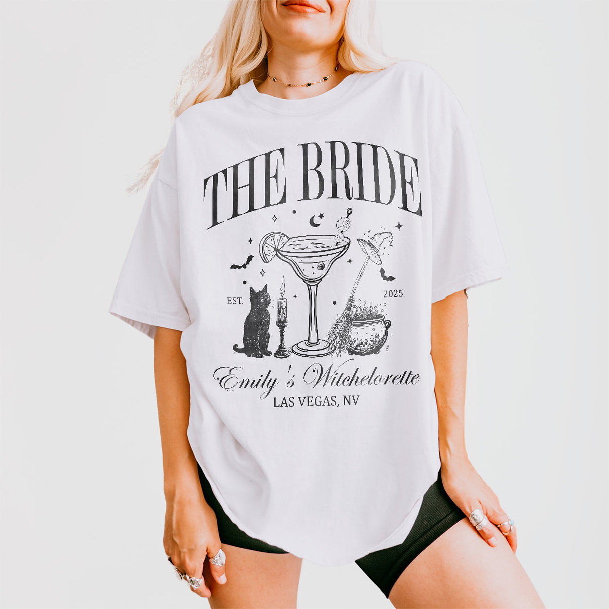 Cotton bachelorette shirt with a witchy, gothic design for the bride to wear during a spooky, Halloween-themed wedding or bachelorette party