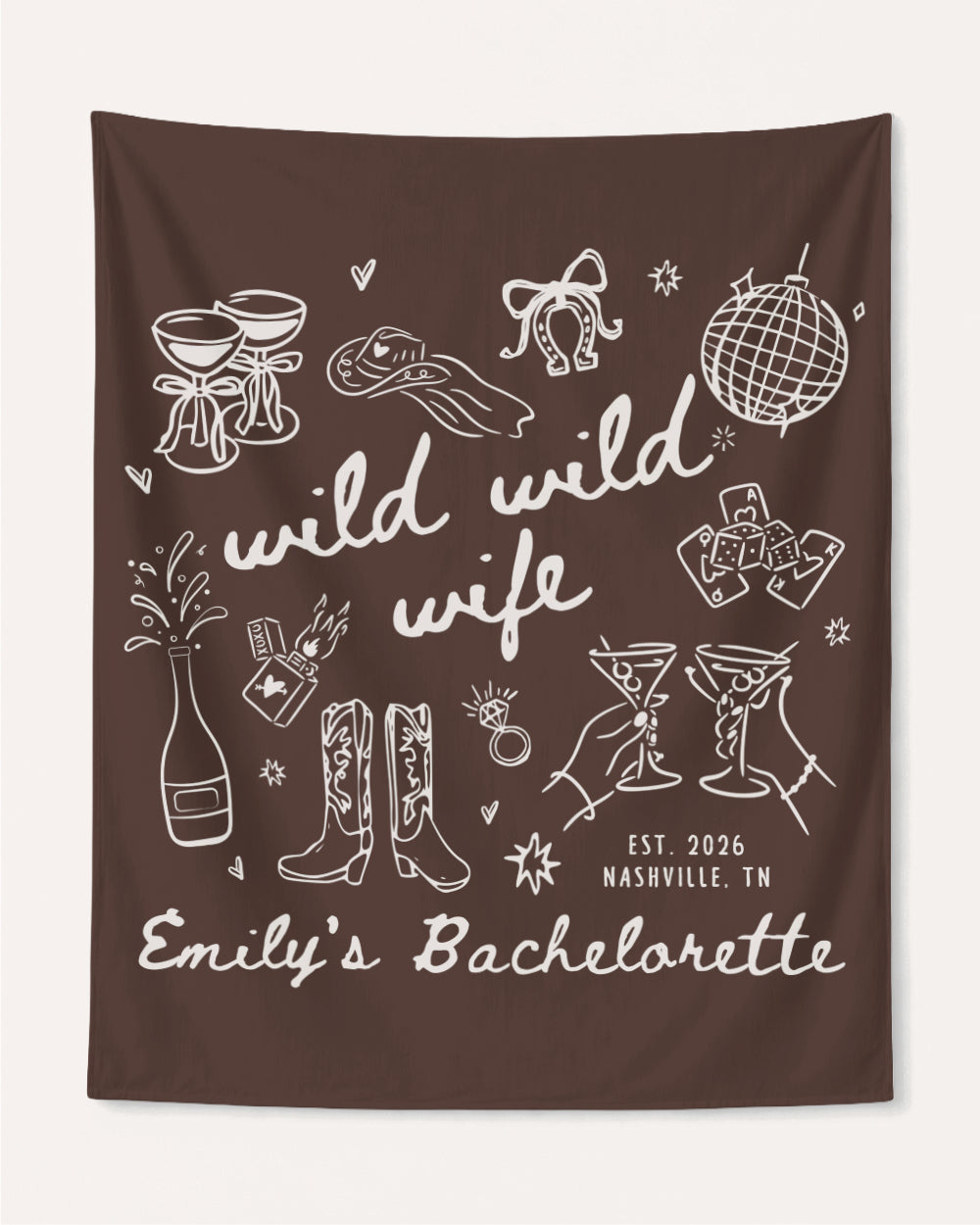 Hand-drawn line-art bachelorette banner with playful doodle illustrations for the Wild Wild Wife crew. Personalized with bride name, date, and destination city for the full party setup.