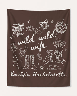 Hand-drawn line-art bachelorette banner with playful doodle illustrations for the Wild Wild Wife crew. Personalized with bride name, date, and destination city for the full party setup.
