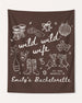 Hand-drawn line-art bachelorette banner with playful doodle illustrations for the Wild Wild Wife crew. Personalized with bride name, date, and destination city for the full party setup.