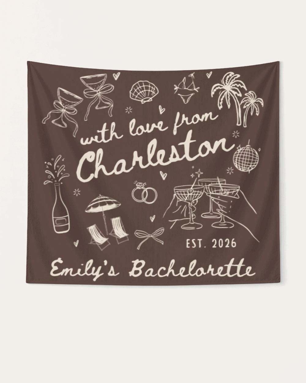 Bachelorette weekend party banner with hand-drawn doodle script and destination city theme. Personalized with bride name, city, and year for the whole crew to celebrate under.