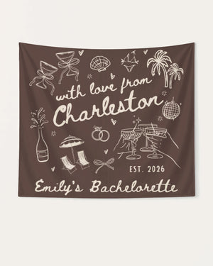 Bachelorette weekend party banner with hand-drawn doodle script and destination city theme. Personalized with bride name, city, and year for the whole crew to celebrate under.