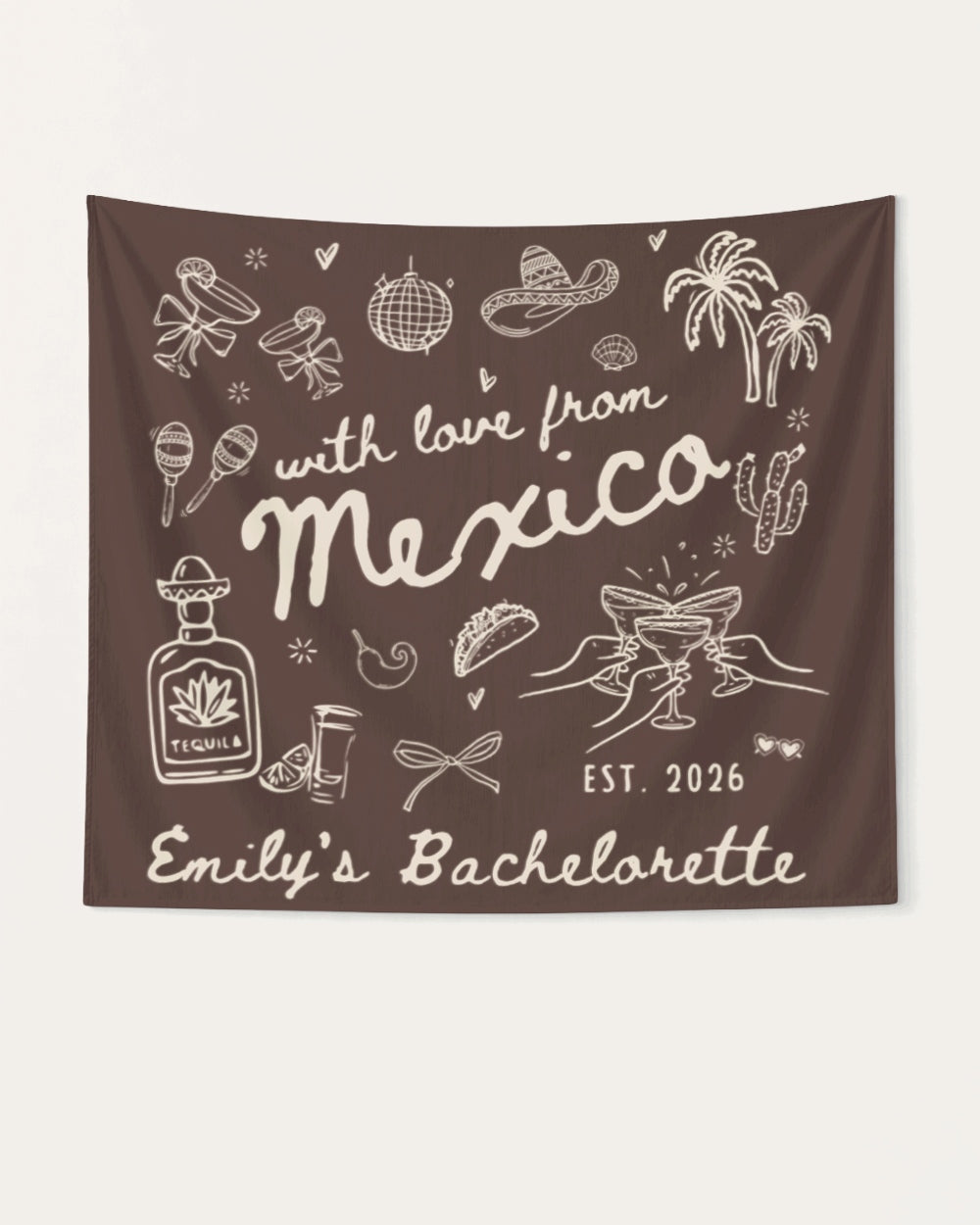 Mexico bachelorette weekend party banner for the bride's destination celebration. Vintage line-art design with bride name, year, and trip title customizable for the whole crew.