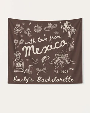Mexico bachelorette weekend party banner for the bride's destination celebration. Vintage line-art design with bride name, year, and trip title customizable for the whole crew.