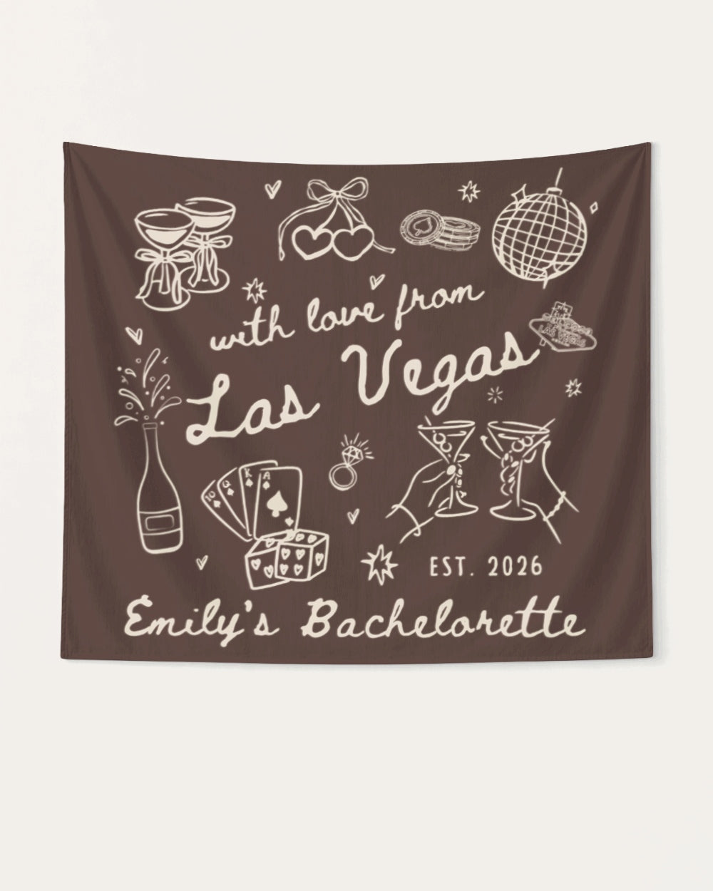 Bachelorette weekend banner with hand-drawn doodle art and Las Vegas theme. Personalized with bride name, destination city, and EST. year for the whole crew.