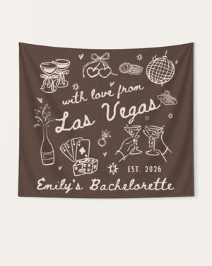 Bachelorette weekend banner with hand-drawn doodle art and Las Vegas theme. Personalized with bride name, destination city, and EST. year for the whole crew.