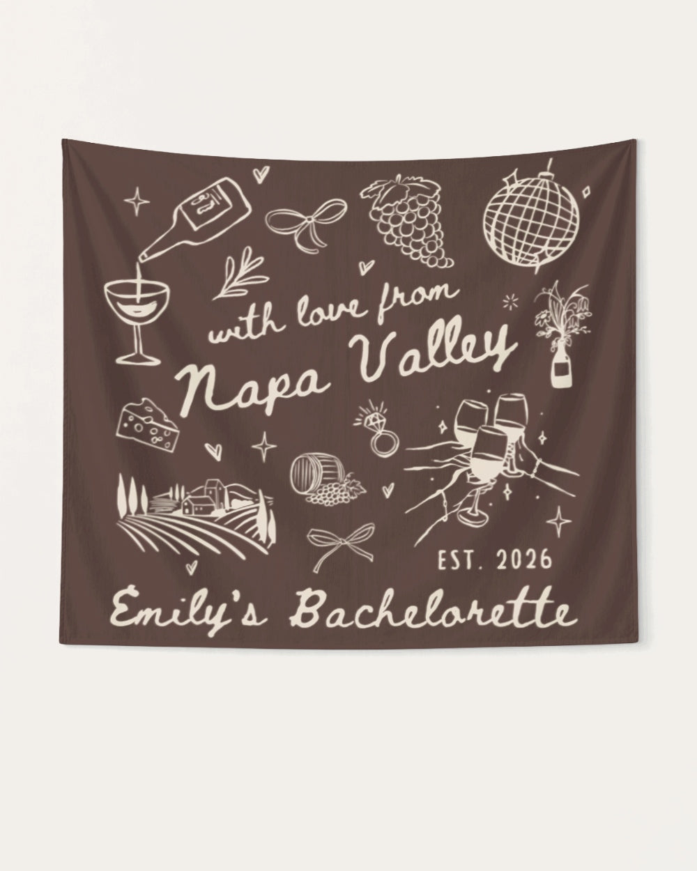 Bachelorette weekend banner for a Napa Valley wine country celebration. Minimalist doodle script style, personalized with bride name, destination, and year for the bridal party.