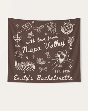 Bachelorette weekend banner for a Napa Valley wine country celebration. Minimalist doodle script style, personalized with bride name, destination, and year for the bridal party.