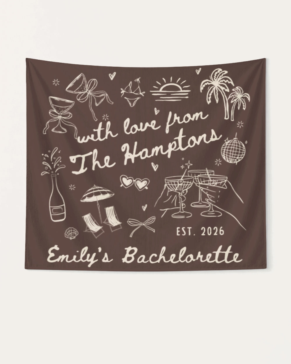 Rectangular bachelorette party banner with minimalist doodle art for a Hamptons-themed weekend. Personalized with bride name, year, and destination for the full crew display.