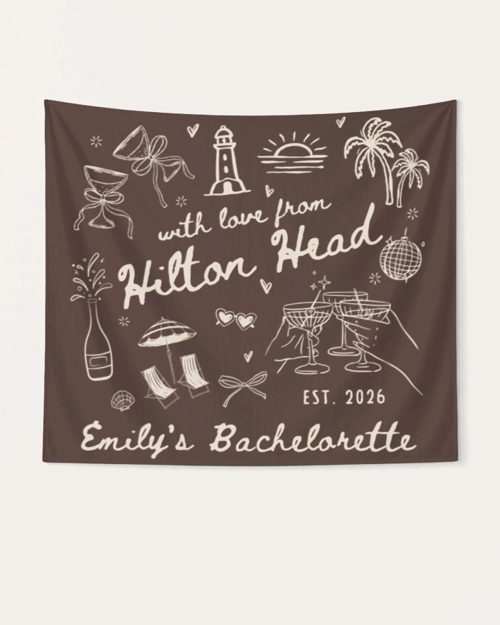 Bachelorette weekend banner with whimsical line-art doodles and hand-drawn script. Personalized with bride name, destination city, and year for any beach or coastal getaway celebration.