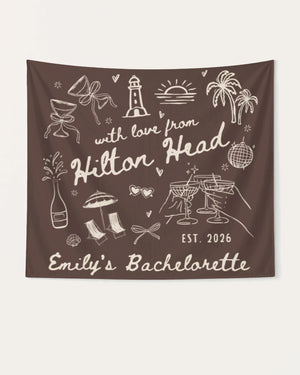 Bachelorette weekend banner with whimsical line-art doodles and hand-drawn script. Personalized with bride name, destination city, and year for any beach or coastal getaway celebration.
