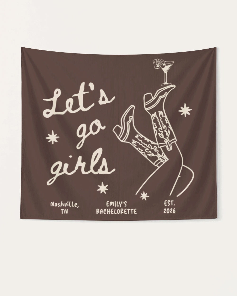 Bachelorette party banner for a Nashville weekend with vintage line-art style and cursive script. Personalized with bride name, destination city, and year for the full crew celebration.