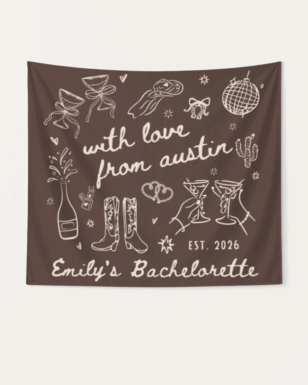 Bachelorette weekend party banner with whimsical doodle script art, customized with bride name, city, and EST. year. Perfect Austin or destination bach decor for the bridal crew celebration.