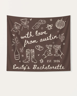Bachelorette weekend party banner with whimsical doodle script art, customized with bride name, city, and EST. year. Perfect Austin or destination bach decor for the bridal crew celebration.