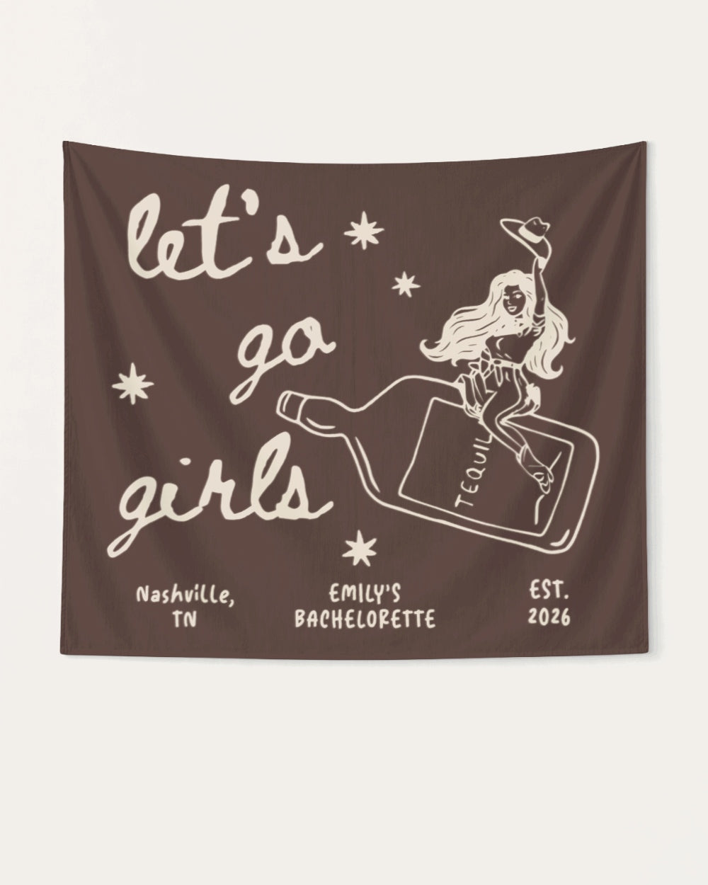 Bachelorette weekend bottle banner with Let's Go Girls cowgirl theme and vintage line-art script. Personalized with bride name, city, and year for the Nashville or any destination bach crew.