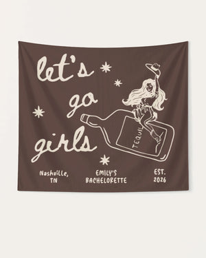 Bachelorette weekend bottle banner with Let's Go Girls cowgirl theme and vintage line-art script. Personalized with bride name, city, and year for the Nashville or any destination bach crew.