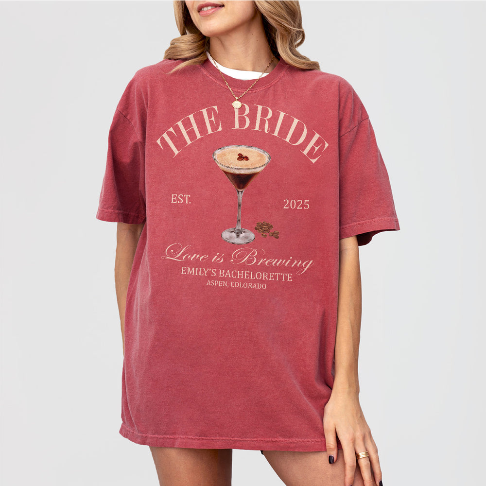 Crimson bridal shower and bachelorette shirt featuring an espresso martini design and "Love is Brewing Bach Club" text for the bride or bridesmaids